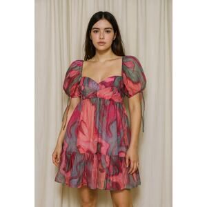 Amanda Uprichard L Women's Puff Sleeve Min Dress Sheer Seike Style Babydoll Boho